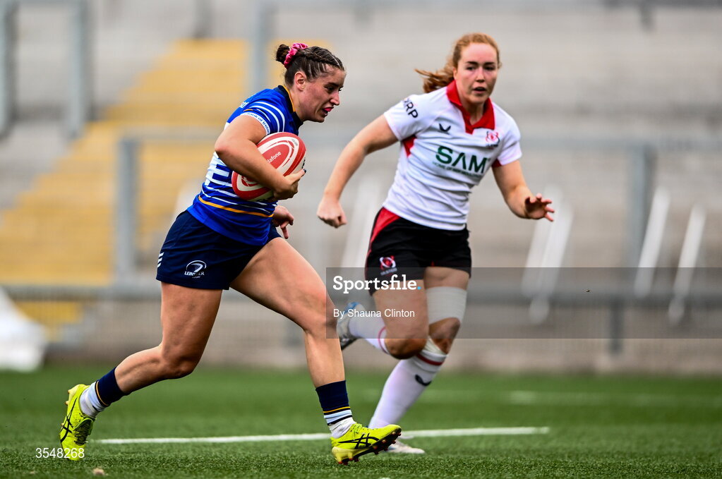22 August 2026; Katie Whelan of Leinster on her way to scoring her side's seventh try during the Vodafone Womens Interprovincial Championship Round 3 match between Ulster and Leinster at Affidea Stadium in Belfast. Photo by Shauna Clinton/Sportsfile