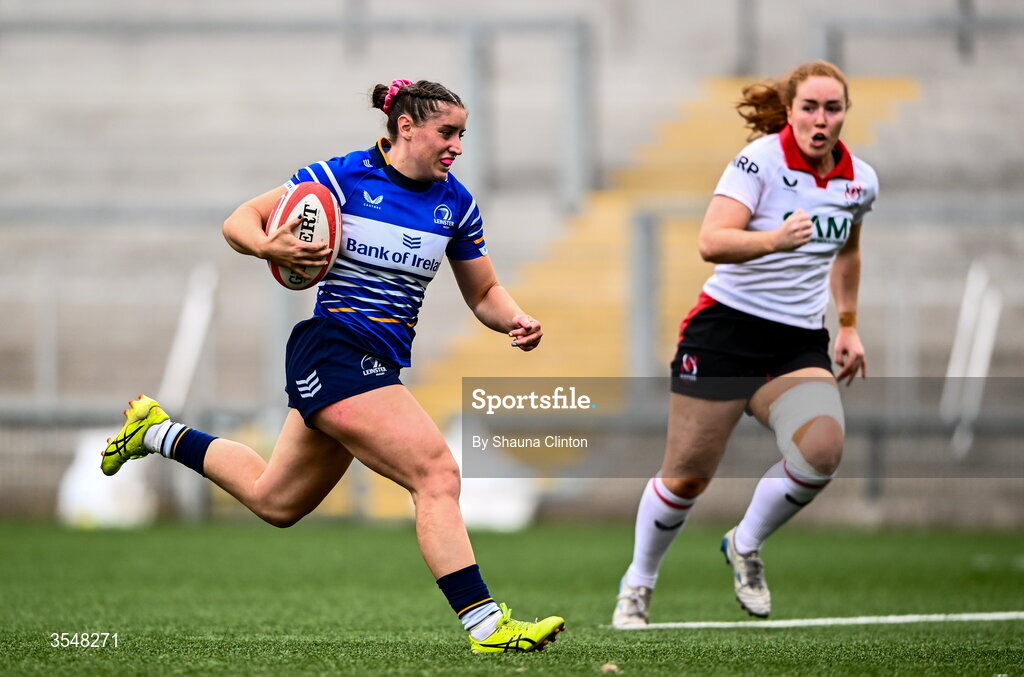 22 August 2026; Katie Whelan of Leinster on her way to scoring her side's seventh try during the Vodafone Womens Interprovincial Championship Round 3 match between Ulster and Leinster at Affidea Stadium in Belfast. Photo by Shauna Clinton/Sportsfile