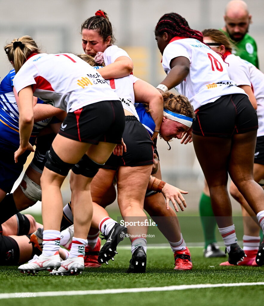 22 August 2026; Ruth Campbell of Leinster scores her side's eighth try during the Vodafone Womens Interprovincial Championship Round 3 match between Ulster and Leinster at Affidea Stadium in Belfast. Photo by Shauna Clinton/Sportsfile