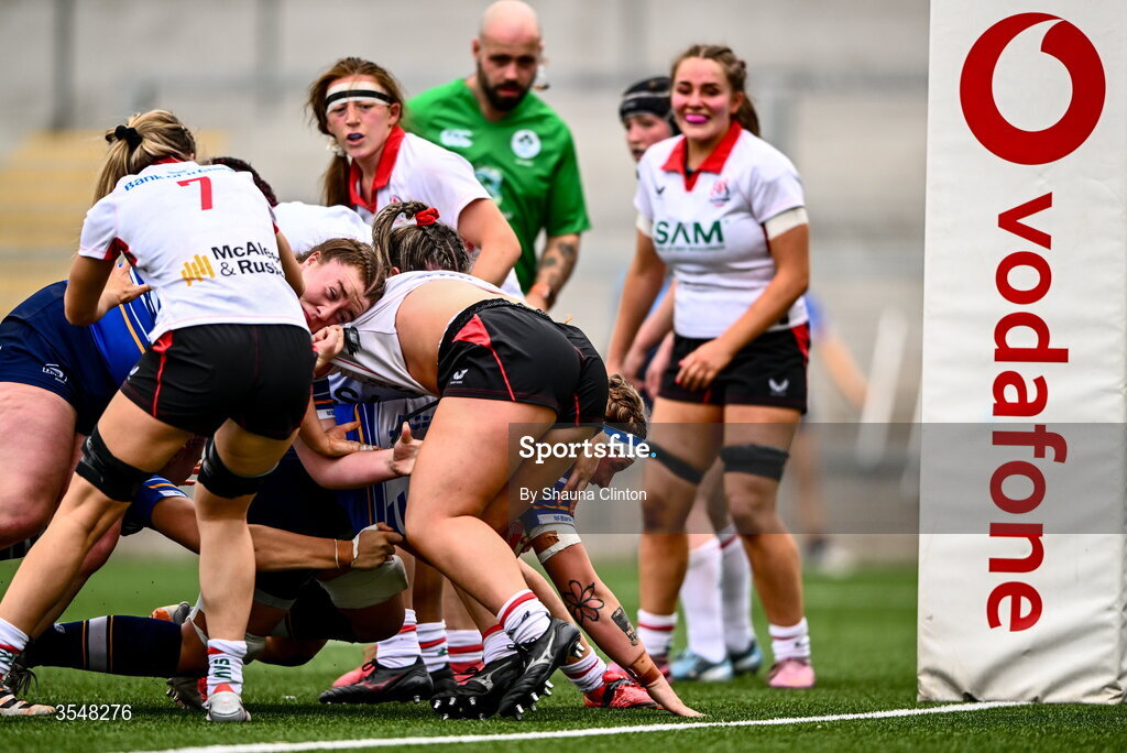 22 August 2026; Ruth Campbell of Leinster scores her side's eighth try during the Vodafone Womens Interprovincial Championship Round 3 match between Ulster and Leinster at Affidea Stadium in Belfast. Photo by Shauna Clinton/Sportsfile