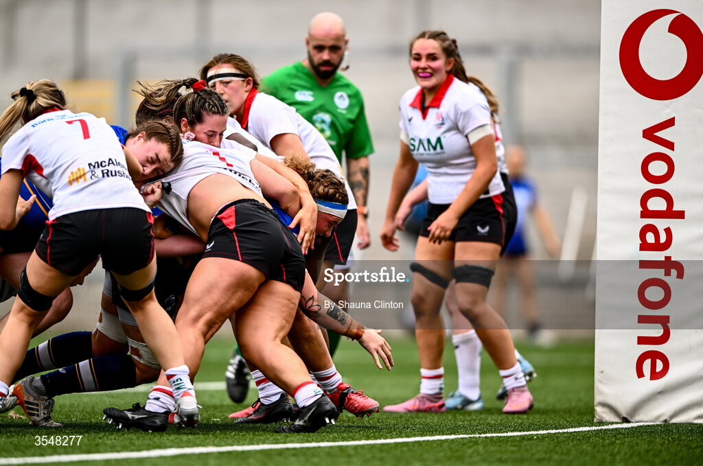 22 August 2026; Ruth Campbell of Leinster scores her side's eighth try during the Vodafone Womens Interprovincial Championship Round 3 match between Ulster and Leinster at Affidea Stadium in Belfast. Photo by Shauna Clinton/Sportsfile