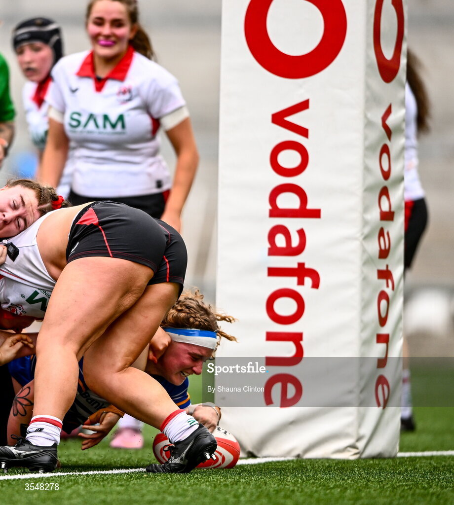 22 August 2026; Ruth Campbell of Leinster scores her side's eighth try during the Vodafone Womens Interprovincial Championship Round 3 match between Ulster and Leinster at Affidea Stadium in Belfast. Photo by Shauna Clinton/Sportsfile