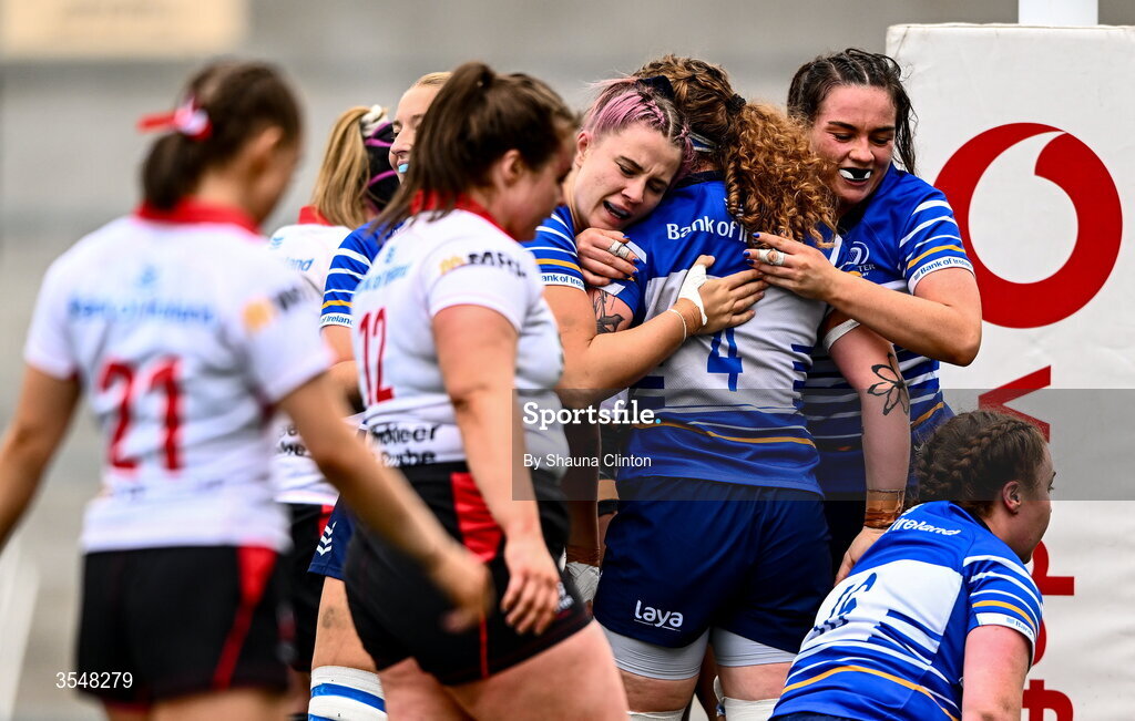 22 August 2026; Ruth Campbell of Leinster, centre, celebrates with team-mates after scoring her side's eighth try during the Vodafone Womens Interprovincial Championship Round 3 match between Ulster and Leinster at Affidea Stadium in Belfast. Photo by Shauna Clinton/Sportsfile