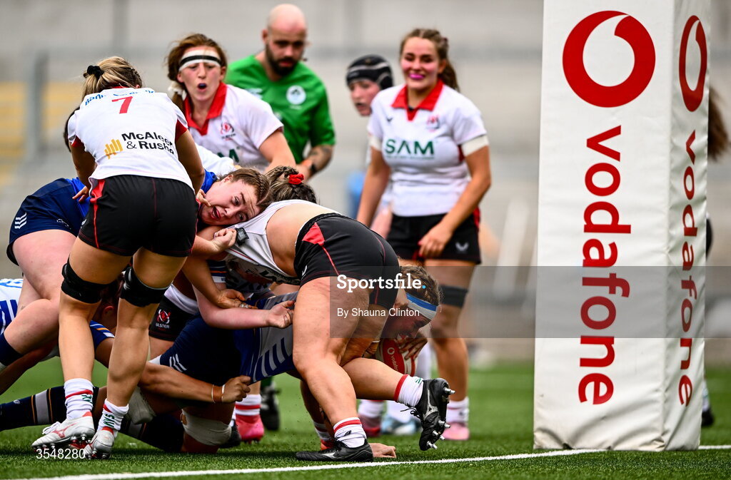 22 August 2026; Ruth Campbell of Leinster scores her side's eighth try during the Vodafone Womens Interprovincial Championship Round 3 match between Ulster and Leinster at Affidea Stadium in Belfast. Photo by Shauna Clinton/Sportsfile