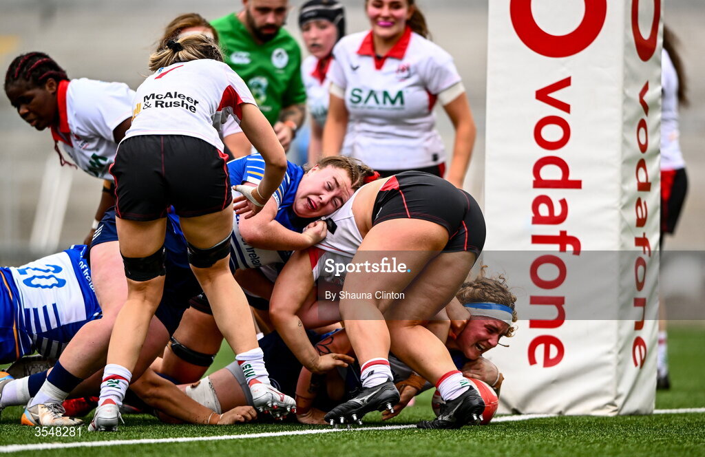 22 August 2026; Ruth Campbell of Leinster scores her side's eighth try during the Vodafone Womens Interprovincial Championship Round 3 match between Ulster and Leinster at Affidea Stadium in Belfast. Photo by Shauna Clinton/Sportsfile
