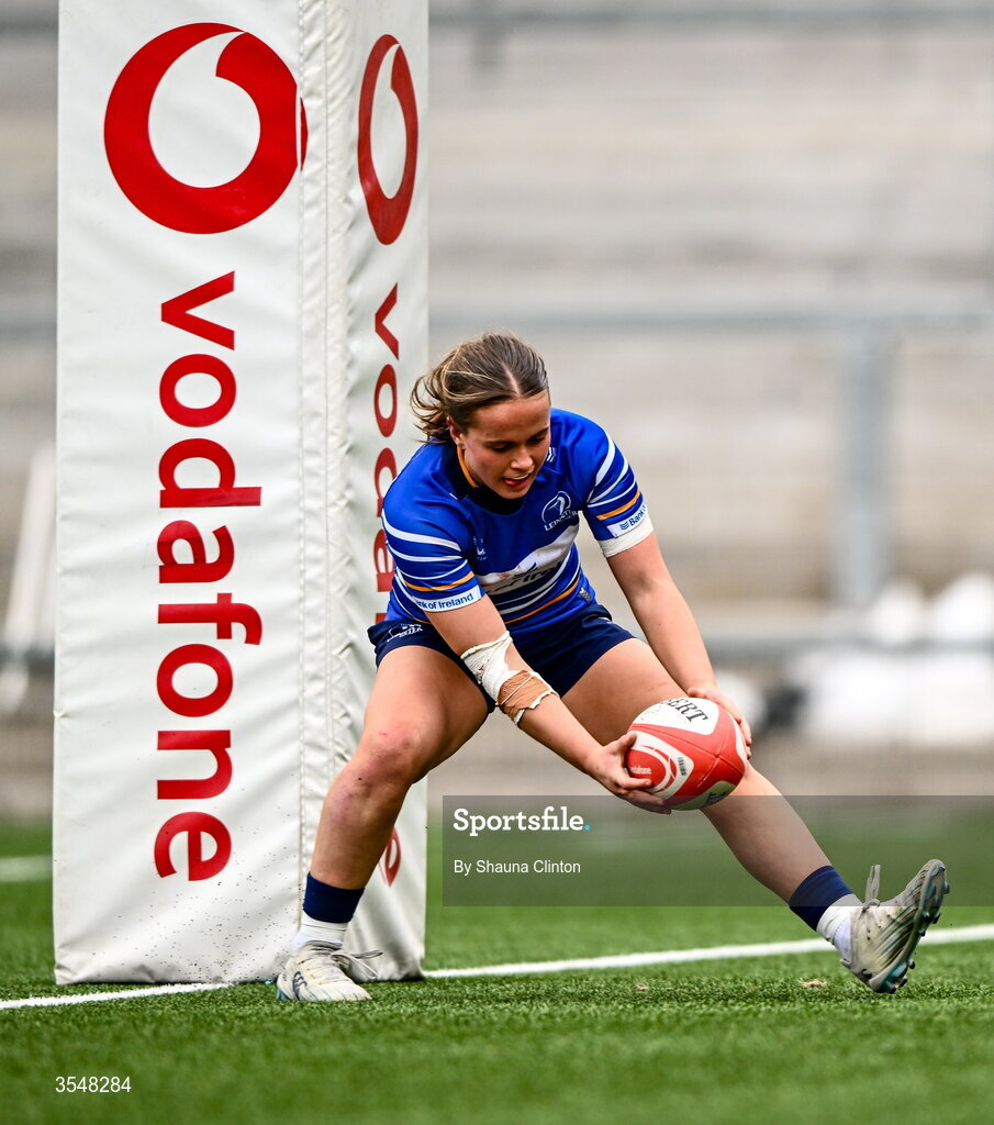 22 August 2026; Robyn O'Connor of Leinster scores her side's ninth try during the Vodafone Womens Interprovincial Championship Round 3 match between Ulster and Leinster at Affidea Stadium in Belfast. Photo by Shauna Clinton/Sportsfile