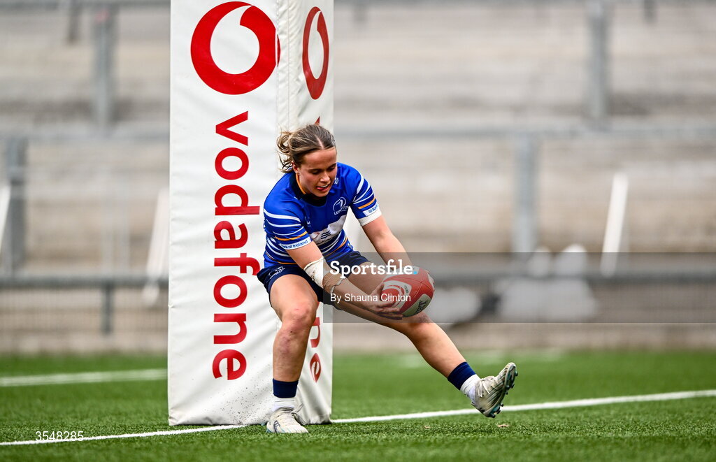 22 August 2026; Robyn O'Connor of Leinster scores her side's ninth try during the Vodafone Womens Interprovincial Championship Round 3 match between Ulster and Leinster at Affidea Stadium in Belfast. Photo by Shauna Clinton/Sportsfile