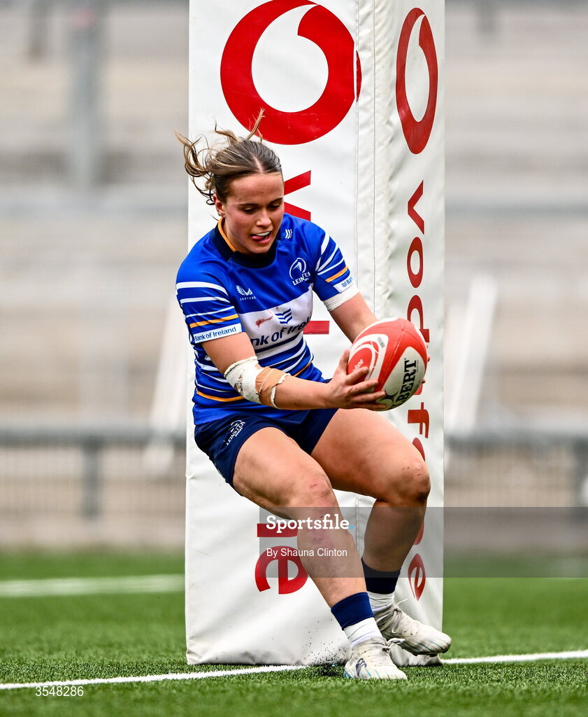 22 August 2026; Robyn O'Connor of Leinster scores her side's ninth try during the Vodafone Womens Interprovincial Championship Round 3 match between Ulster and Leinster at Affidea Stadium in Belfast. Photo by Shauna Clinton/Sportsfile