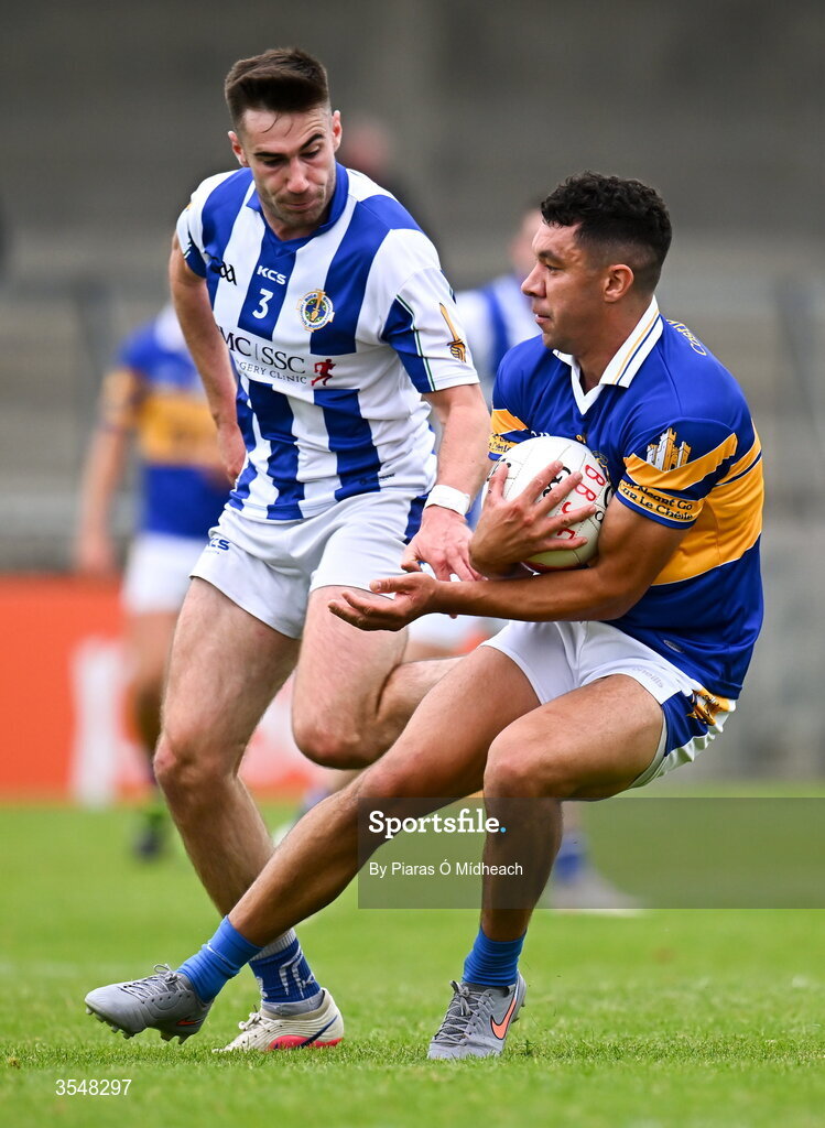 22 August 2026; Kevin Stephenson of Castleknock in action against Harry Donaghy of Ballyboden St Enda's during the PTSB Dublin Senior Club Football Championships Round 2 match between Ballyboden St Enda's and Castleknock at Parnell Park in Dublin. Photo by Piaras Ó Mídheach/Sportsfile