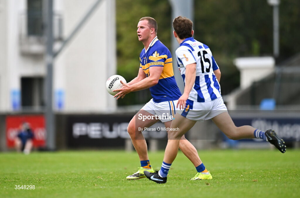 22 August 2026; Ciarán Kilkenny of Castleknock in action against Daire Sweeney of Ballyboden St Enda's during the PTSB Dublin Senior Club Football Championships Round 2 match between Ballyboden St Enda's and Castleknock at Parnell Park in Dublin. Photo by Piaras Ó Mídheach/Sportsfile