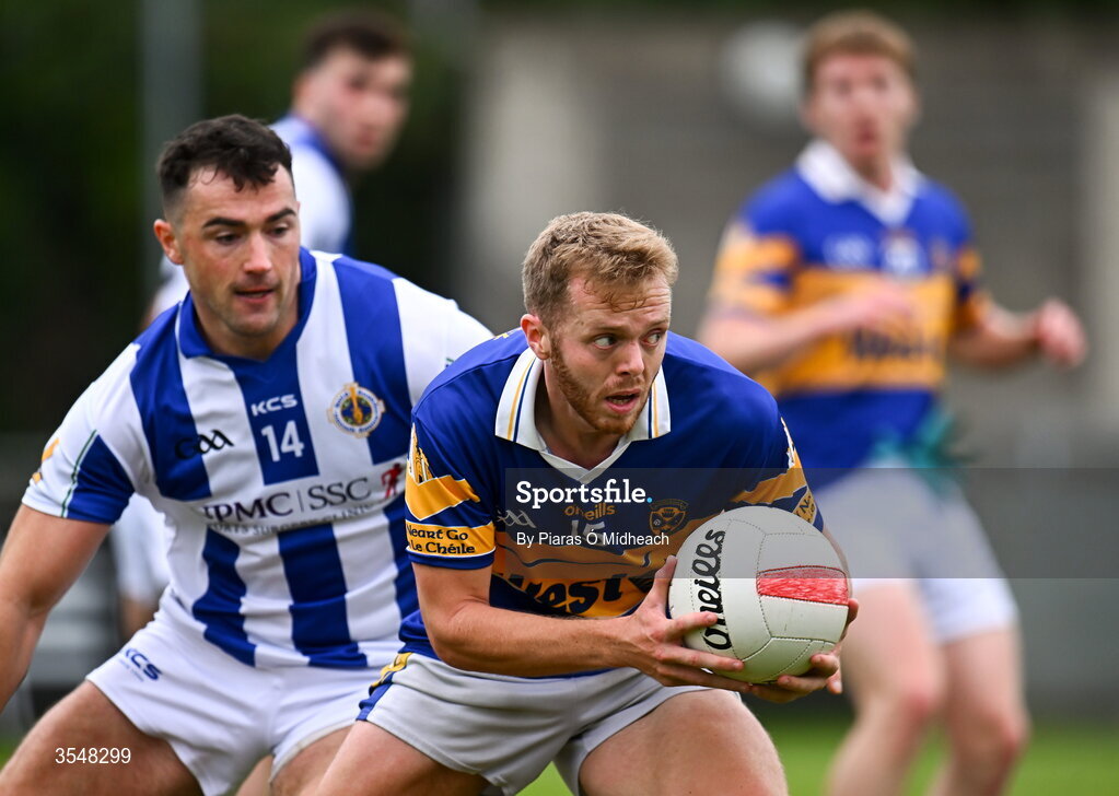 22 August 2026; Conor Chawke of Castleknock in action against Colm Basquel of Ballyboden St Enda's during the PTSB Dublin Senior Club Football Championships Round 2 match between Ballyboden St Enda's and Castleknock at Parnell Park in Dublin. Photo by Piaras Ó Mídheach/Sportsfile