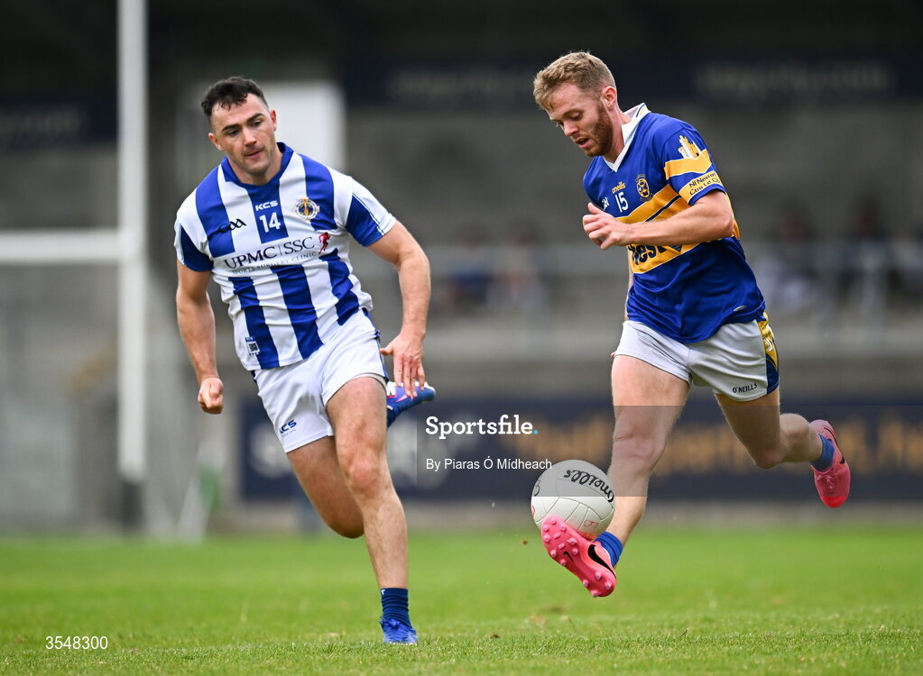 22 August 2026; Conor Chawke of Castleknock in action against Colm Basquel of Ballyboden St Enda's during the PTSB Dublin Senior Club Football Championships Round 2 match between Ballyboden St Enda's and Castleknock at Parnell Park in Dublin. Photo by Piaras Ó Mídheach/Sportsfile