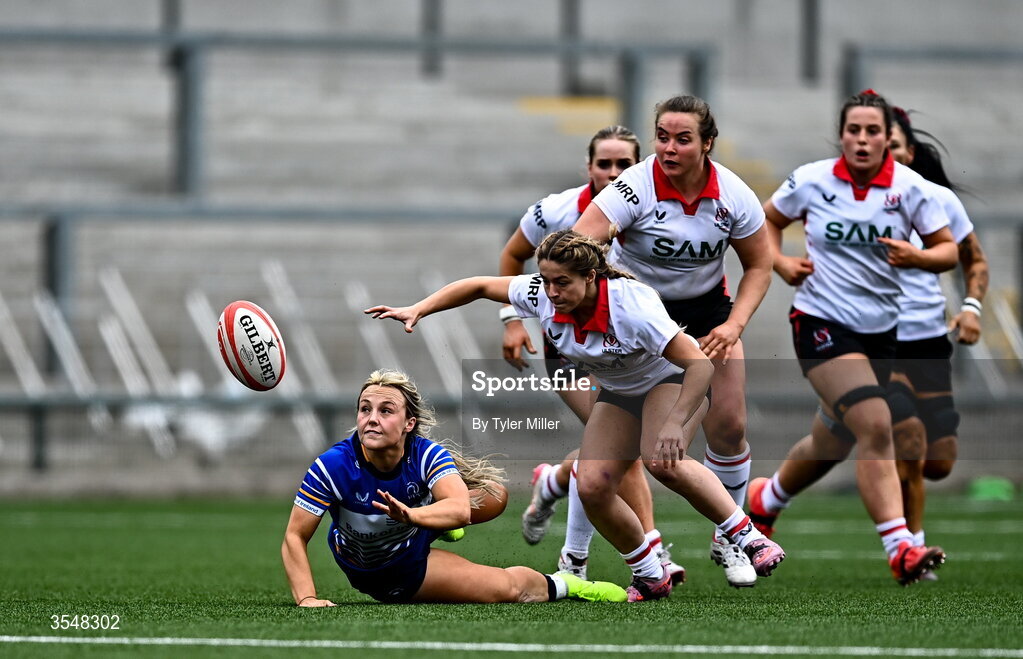 22 August 2026; Aoife Dalton of Leinster in action against Katie Gilmour of Ulster during the Vodafone Womens Interprovincial Championship Round 3 match between Ulster and Leinster at Affidea Stadium in Belfast. Photo by Tyler Miller/Sportsfile