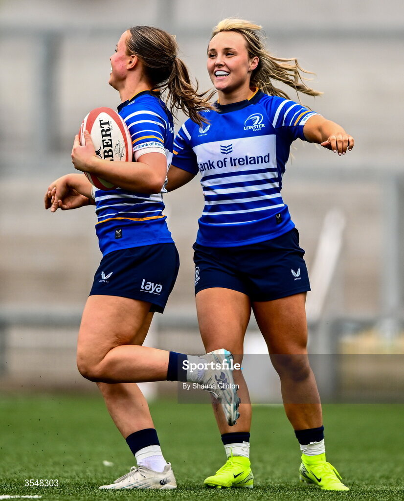 22 August 2026; Robyn O'Connor of Leinster celebrates with team-mates after scoring her side's ninth try during the Vodafone Womens Interprovincial Championship Round 3 match between Ulster and Leinster at Affidea Stadium in Belfast. Photo by Shauna Clinton/Sportsfile