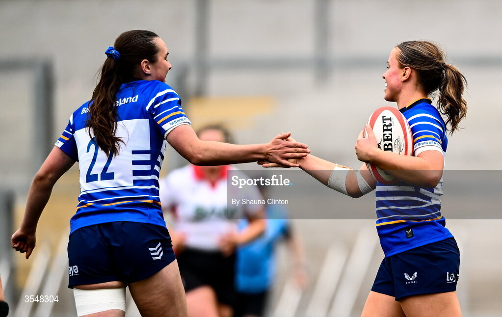 22 August 2026; Robyn O'Connor of Leinster celebrates with team-mates after scoring her side's ninth try during the Vodafone Womens Interprovincial Championship Round 3 match between Ulster and Leinster at Affidea Stadium in Belfast. Photo by Shauna Clinton/Sportsfile
