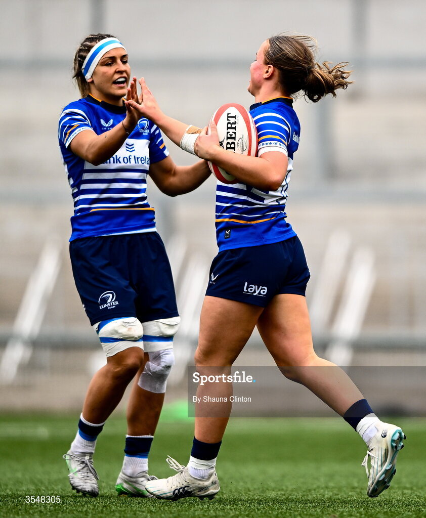 22 August 2026; Robyn O'Connor of Leinster celebrates with team-mates after scoring her side's ninth try during the Vodafone Womens Interprovincial Championship Round 3 match between Ulster and Leinster at Affidea Stadium in Belfast. Photo by Shauna Clinton/Sportsfile