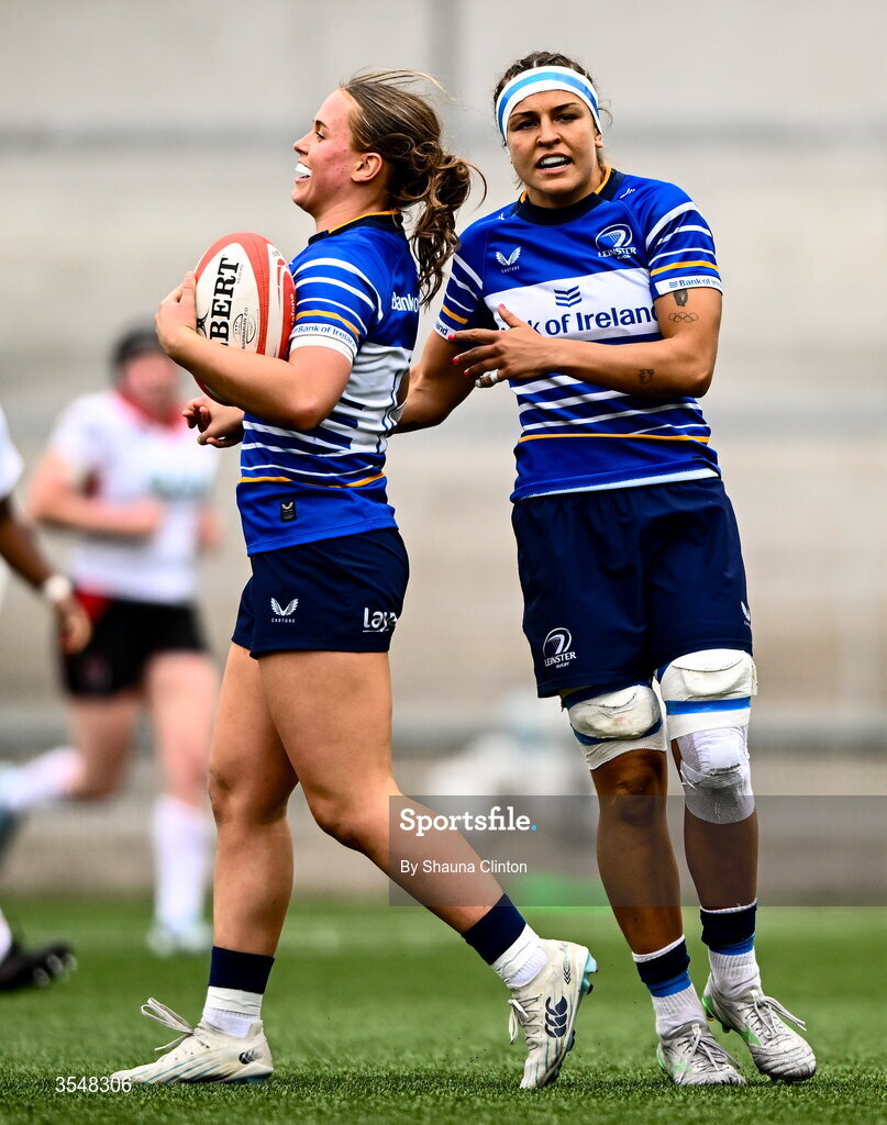 22 August 2026; Robyn O'Connor of Leinster celebrates with team-mates after scoring her side's ninth try during the Vodafone Womens Interprovincial Championship Round 3 match between Ulster and Leinster at Affidea Stadium in Belfast. Photo by Shauna Clinton/Sportsfile
