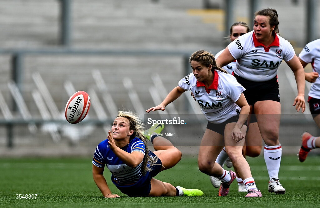 22 August 2026; Aoife Dalton of Leinster in action against Katie Gilmour of Ulster during the Vodafone Womens Interprovincial Championship Round 3 match between Ulster and Leinster at Affidea Stadium in Belfast. Photo by Tyler Miller/Sportsfile