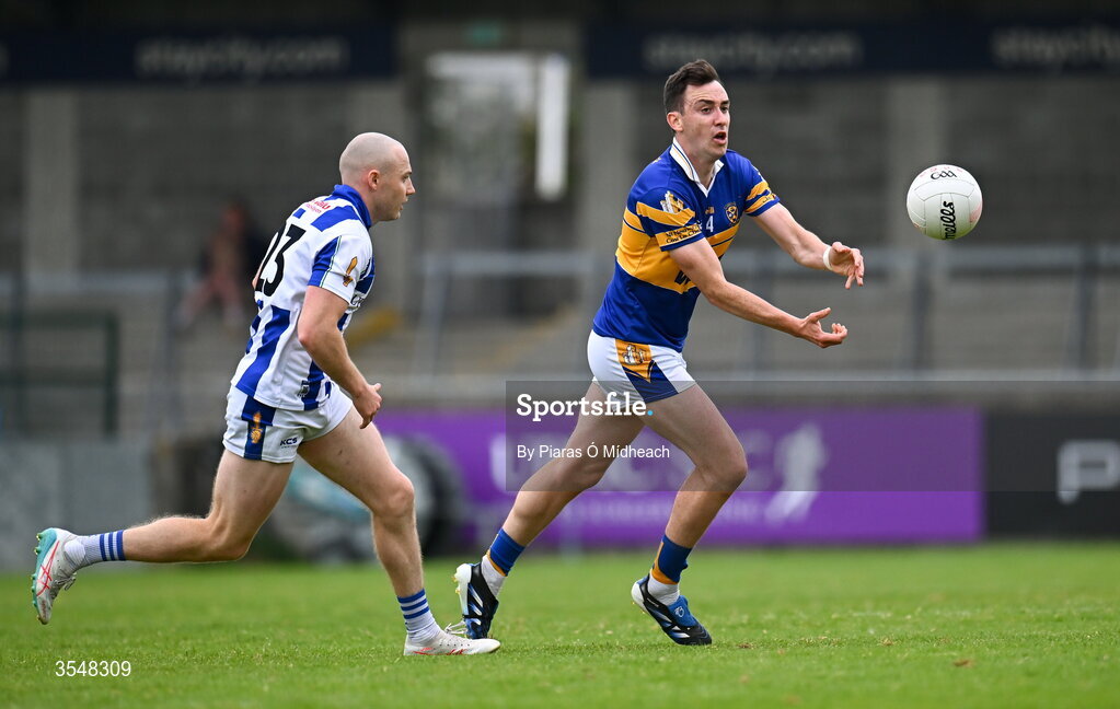 22 August 2026; Ger McDermottroe of Castleknock in action against Cathal Flaherty of Ballyboden St Enda's during the PTSB Dublin Senior Club Football Championships Round 2 match between Ballyboden St Enda's and Castleknock at Parnell Park in Dublin. Photo by Piaras Ó Mídheach/Sportsfile