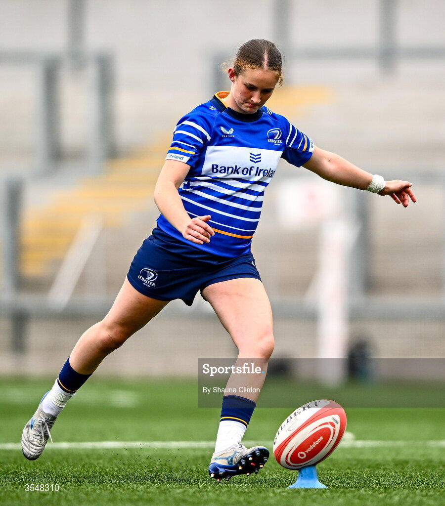 22 August 2026; Ellie O'Sullivan-Sexton of Leinster kicks a conversion during the Vodafone Womens Interprovincial Championship Round 3 match between Ulster and Leinster at Affidea Stadium in Belfast. Photo by Shauna Clinton/Sportsfile