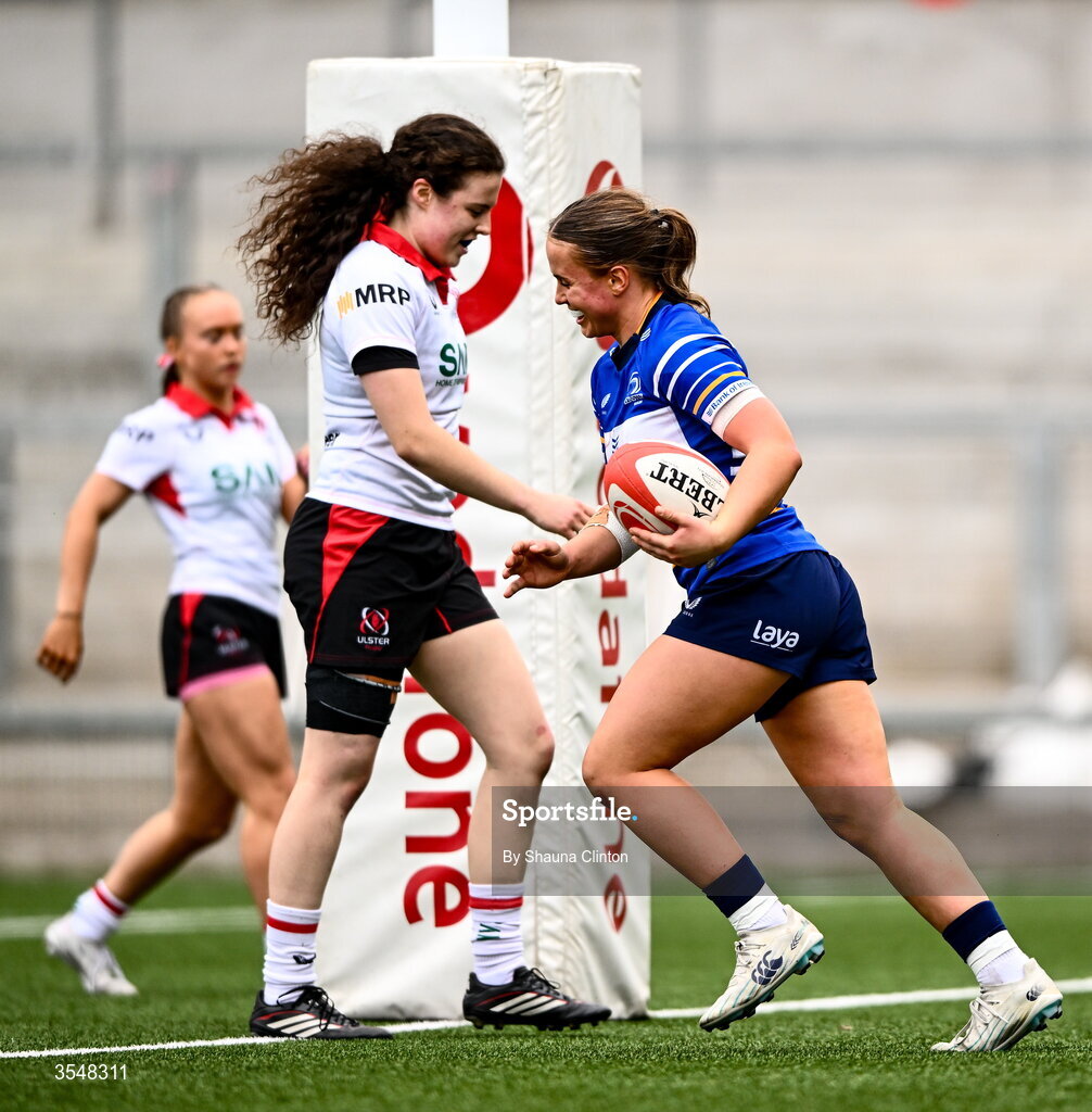 22 August 2026; Robyn O'Connor of Leinster celebrates after scoring her side's ninth try during the Vodafone Womens Interprovincial Championship Round 3 match between Ulster and Leinster at Affidea Stadium in Belfast. Photo by Shauna Clinton/Sportsfile