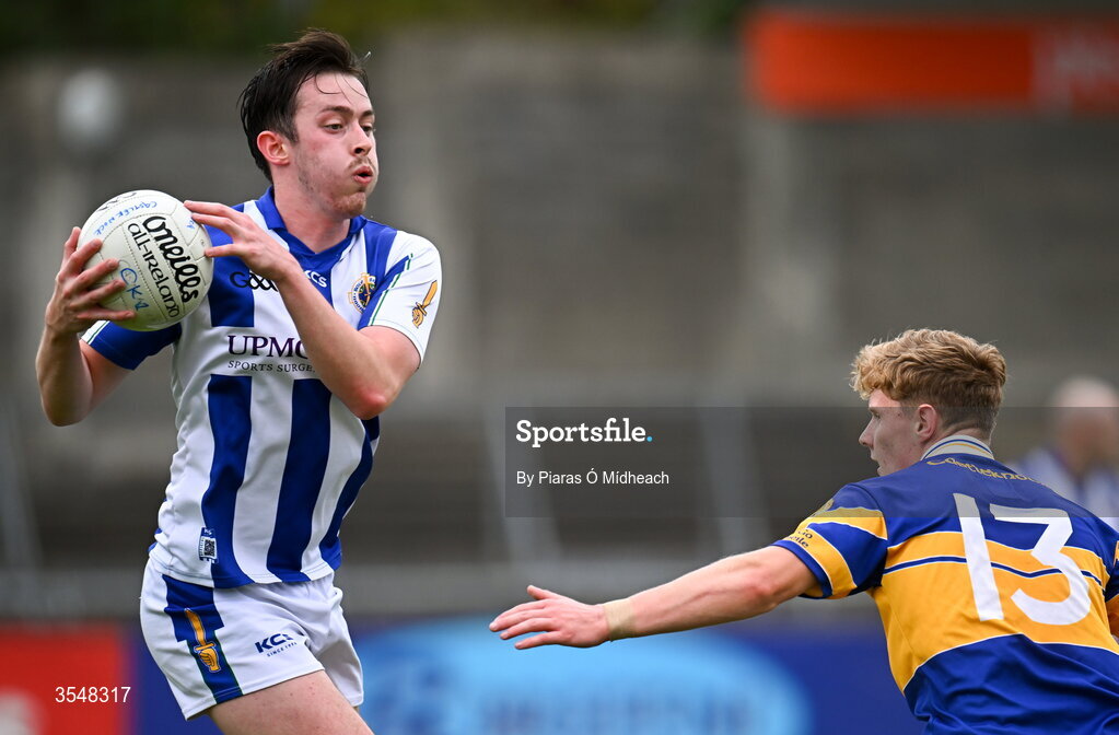 22 August 2026; Ryan Baynes of Ballyboden St Enda's in action against Lenny Cahill of Castleknock during the PTSB Dublin Senior Club Football Championships Round 2 match between Ballyboden St Enda's and Castleknock at Parnell Park in Dublin. Photo by Piaras Ó Mídheach/Sportsfile