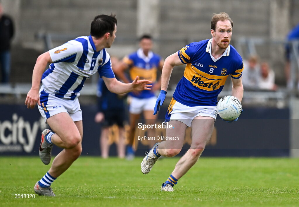 22 August 2026; Senan Forker of Castleknock in action against Ryan Baynes of Ballyboden St Enda's during the PTSB Dublin Senior Club Football Championships Round 2 match between Ballyboden St Enda's and Castleknock at Parnell Park in Dublin. Photo by Piaras Ó Mídheach/Sportsfile