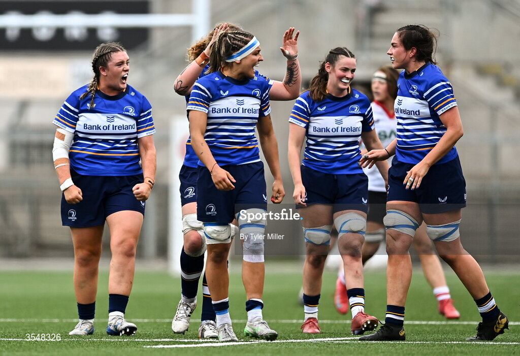 22 August 2026; Hannah Wilson of Leinster, left, celebrates a turnover during the Vodafone Womens Interprovincial Championship Round 3 match between Ulster and Leinster at Affidea Stadium in Belfast. Photo by Tyler Miller/Sportsfile