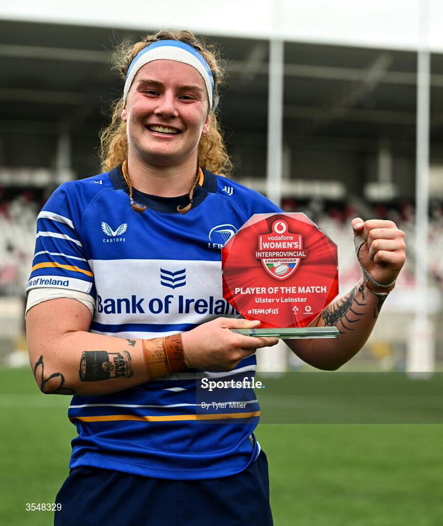 22 August 2026; Ruth Campbell of Leinster with her player of the match award after the Vodafone Womens Interprovincial Championship Round 3 match between Ulster and Leinster at Affidea Stadium in Belfast. Photo by Tyler Miller/Sportsfile