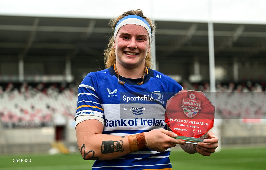 22 August 2026; Ruth Campbell of Leinster with her player of the match award after the Vodafone Womens Interprovincial Championship Round 3 match between Ulster and Leinster at Affidea Stadium in Belfast. Photo by Tyler Miller/Sportsfile