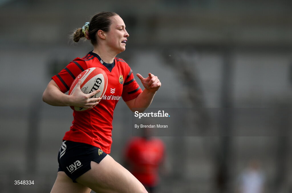 22 August 2026; Alana McInerney of Munster runs in an interception to score her side's first try during the Vodafone Womens Interprovincial Championship Round 3 match between Connacht and Munster at Dexcom Stadium in Galway. Photo by Brendan Moran/Sportsfile