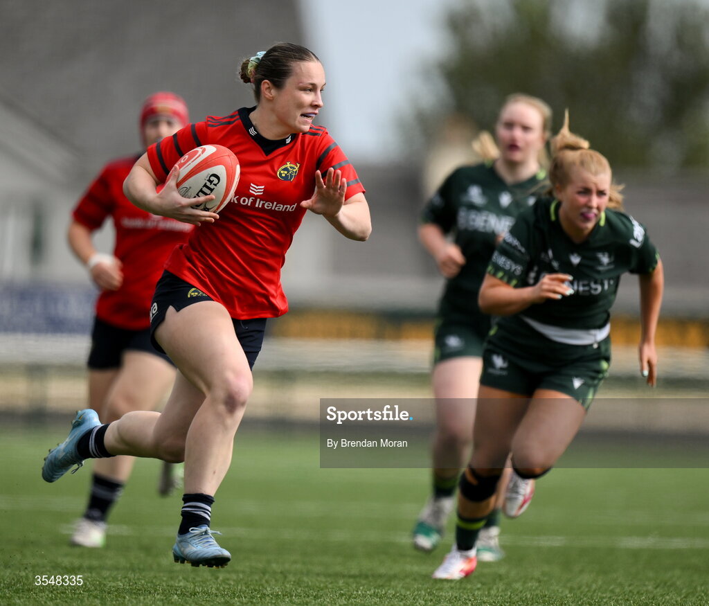 22 August 2026; Alana McInerney of Munster runs in an interception to score her side's first try during the Vodafone Womens Interprovincial Championship Round 3 match between Connacht and Munster at Dexcom Stadium in Galway. Photo by Brendan Moran/Sportsfile