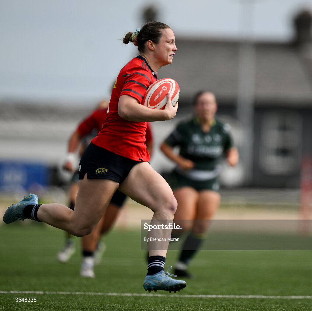 22 August 2026; Alana McInerney of Munster runs in an interception to score her side's first try during the Vodafone Womens Interprovincial Championship Round 3 match between Connacht and Munster at Dexcom Stadium in Galway. Photo by Brendan Moran/Sportsfile