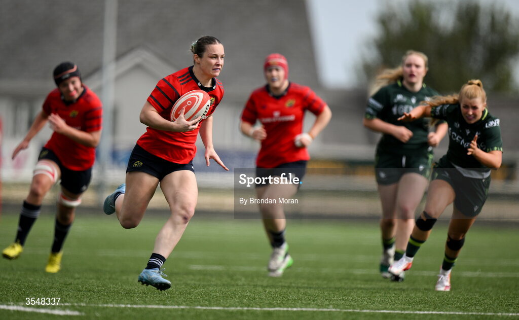 22 August 2026; Alana McInerney of Munster runs in an interception to score her side's first try during the Vodafone Womens Interprovincial Championship Round 3 match between Connacht and Munster at Dexcom Stadium in Galway. Photo by Brendan Moran/Sportsfile