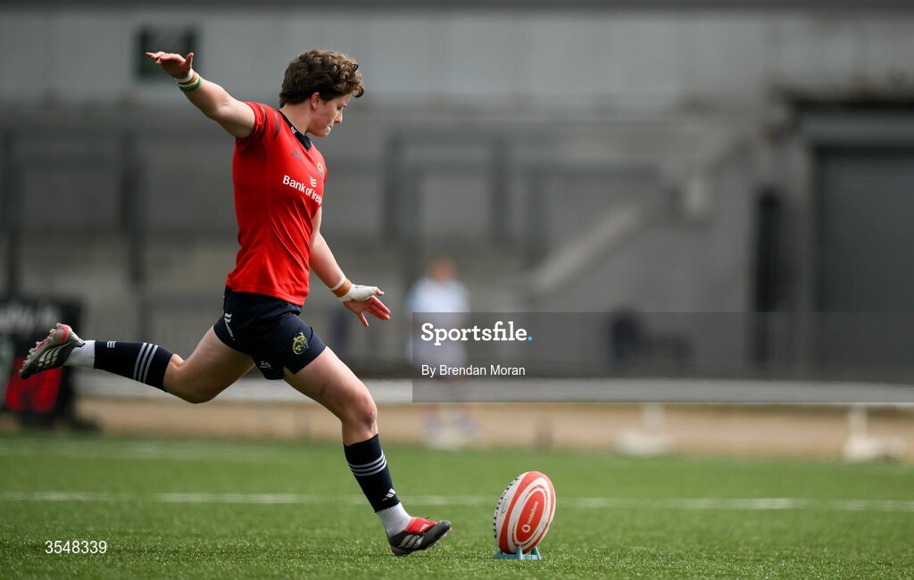 22 August 2026; Caitríona Finn of Munster kicks a conversion during the Vodafone Womens Interprovincial Championship Round 3 match between Connacht and Munster at Dexcom Stadium in Galway. Photo by Brendan Moran/Sportsfile