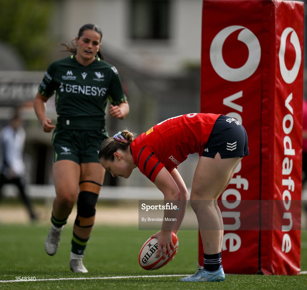 22 August 2026; Alana McInerney of Munster scores her side's first try from an interception during the Vodafone Womens Interprovincial Championship Round 3 match between Connacht and Munster at Dexcom Stadium in Galway. Photo by Brendan Moran/Sportsfile