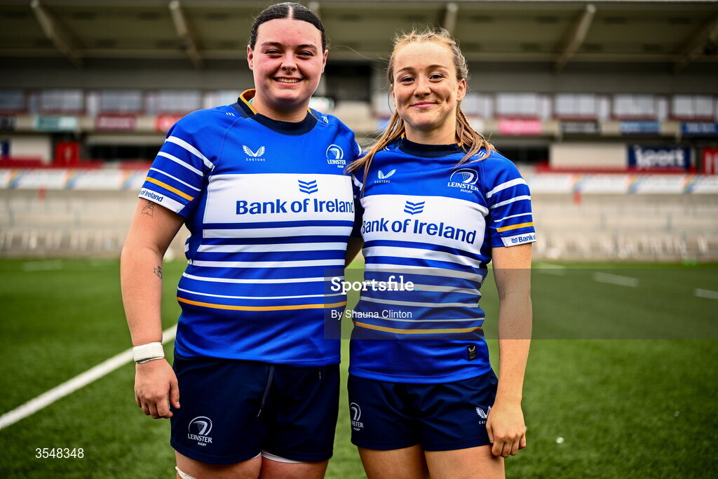 22 August 2026; Leinster debutants Hope Lowney, left, and Amy Larn after the Vodafone Womens Interprovincial Championship Round 3 match between Ulster and Leinster at Affidea Stadium in Belfast. Photo by Shauna Clinton/Sportsfile