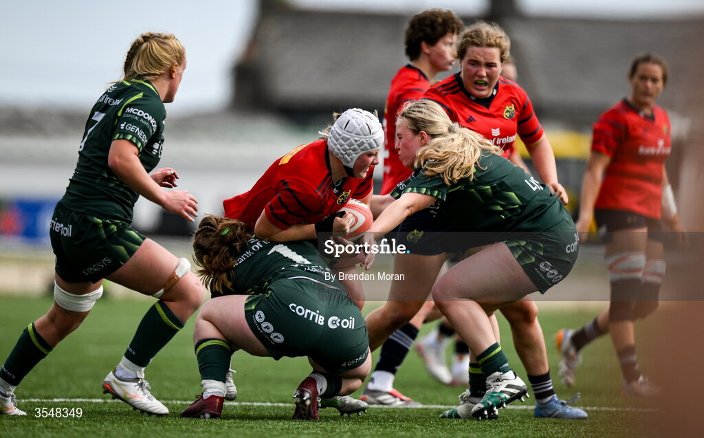 22 August 2026; Beth Buttimer of Munster is tackled by Ella Burns of Connacht during the Vodafone Womens Interprovincial Championship Round 3 match between Connacht and Munster at Dexcom Stadium in Galway. Photo by Brendan Moran/Sportsfile