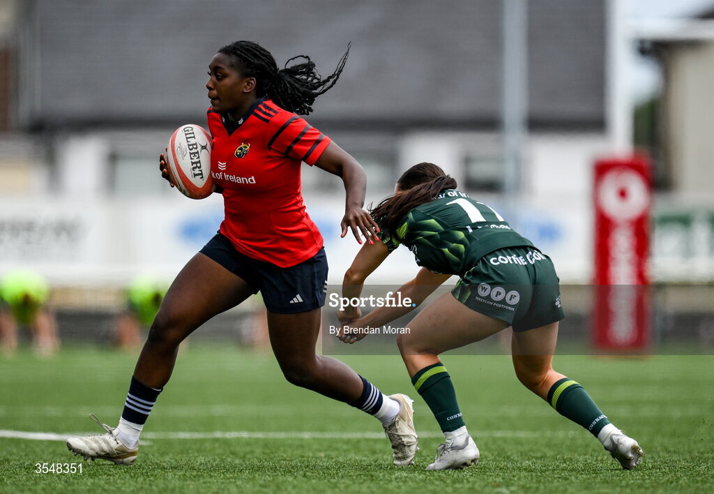 22 August 2026; Chisom Ugwueru of Munster is tackled by Emily Foley of Connacht during the Vodafone Womens Interprovincial Championship Round 3 match between Connacht and Munster at Dexcom Stadium in Galway. Photo by Brendan Moran/Sportsfile