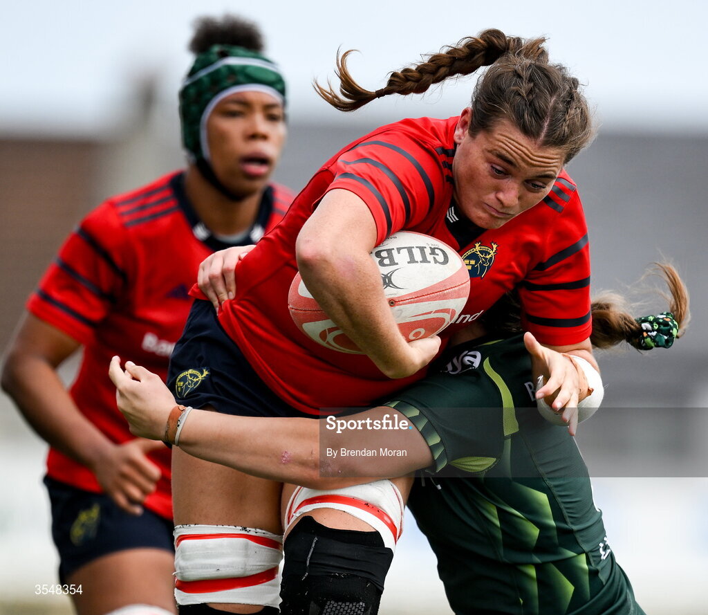 22 August 2026; Jane Clohessy of Munster is tackled by Jemima Adams Verling of Connacht during the Vodafone Womens Interprovincial Championship Round 3 match between Connacht and Munster at Dexcom Stadium in Galway. Photo by Brendan Moran/Sportsfile