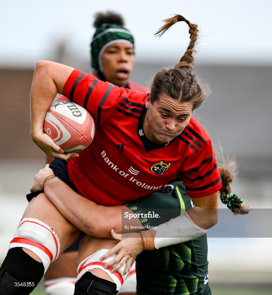 22 August 2026; Jane Clohessy of Munster is tackled by Jemima Adams Verling of Connacht during the Vodafone Womens Interprovincial Championship Round 3 match between Connacht and Munster at Dexcom Stadium in Galway. Photo by Brendan Moran/Sportsfile