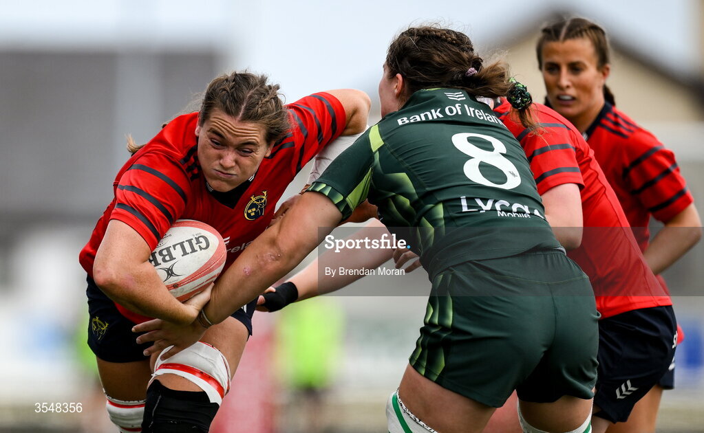 22 August 2026; Jane Clohessy of Munster is tackled by Jemima Adams Verling of Connacht during the Vodafone Womens Interprovincial Championship Round 3 match between Connacht and Munster at Dexcom Stadium in Galway. Photo by Brendan Moran/Sportsfile