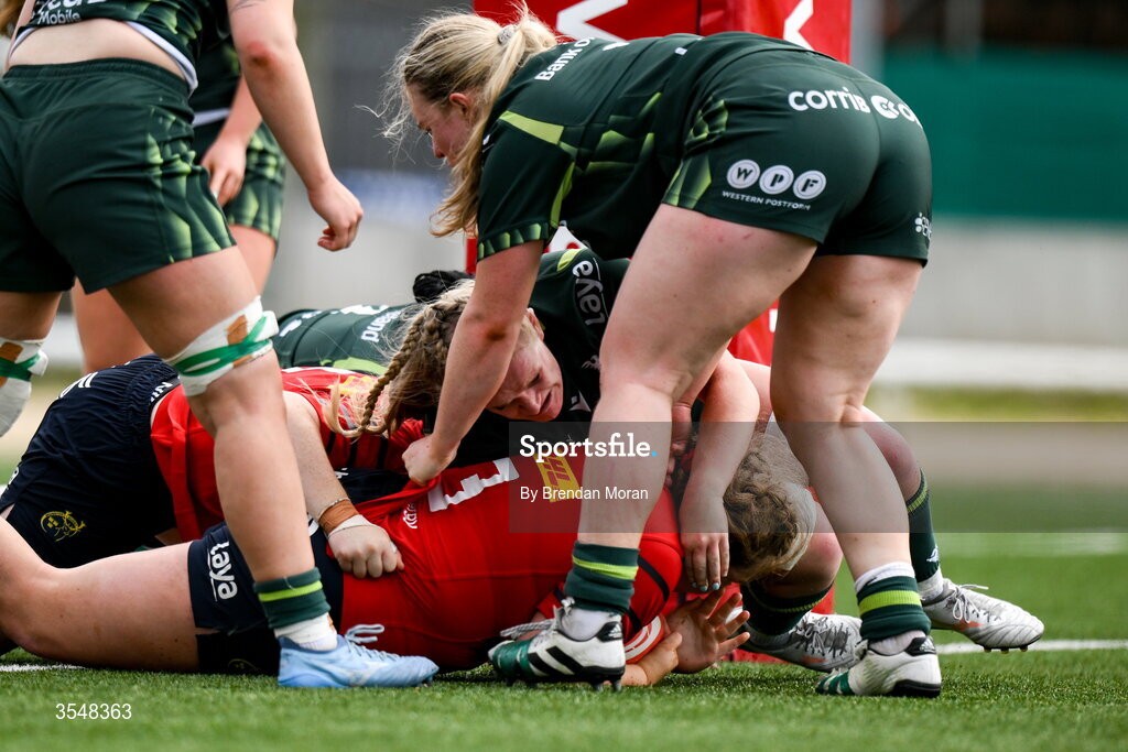 22 August 2026; Alisha Flynn of Munster scores her side's second try during the Vodafone Womens Interprovincial Championship Round 3 match between Connacht and Munster at Dexcom Stadium in Galway. Photo by Brendan Moran/Sportsfile