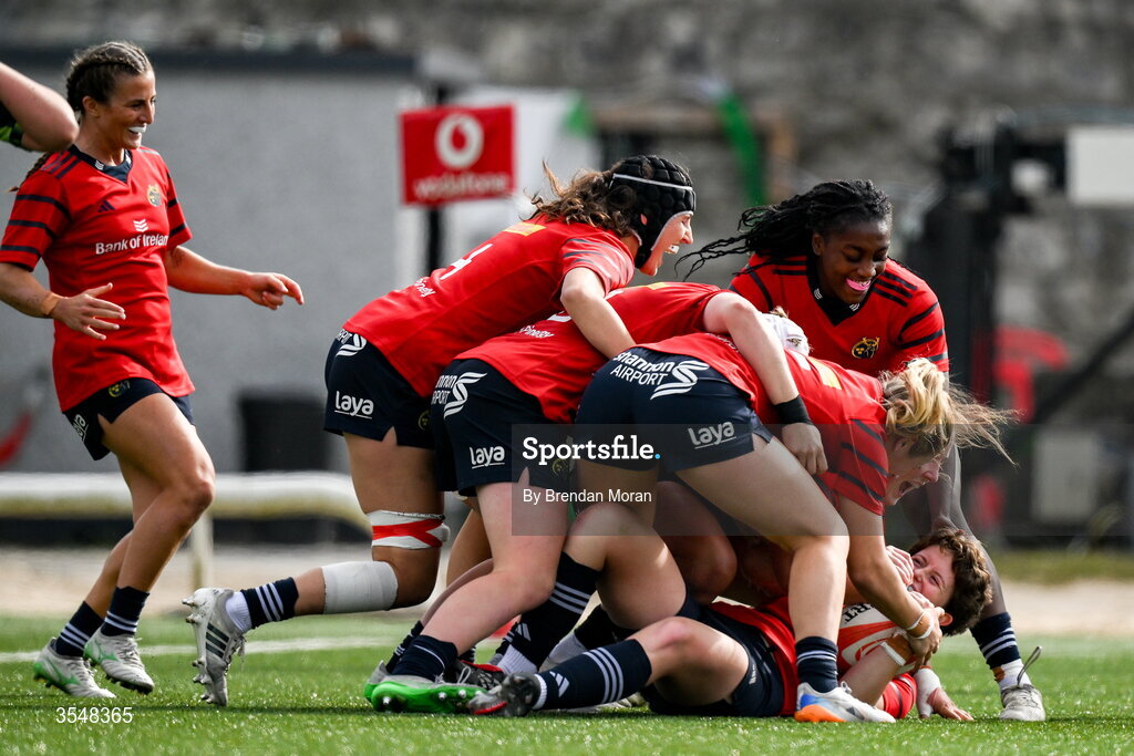 22 August 2026; Caitríona Finn of Munster celebrates with teammates after scoring their side's third try during the Vodafone Womens Interprovincial Championship Round 3 match between Connacht and Munster at Dexcom Stadium in Galway. Photo by Brendan Moran/Sportsfile