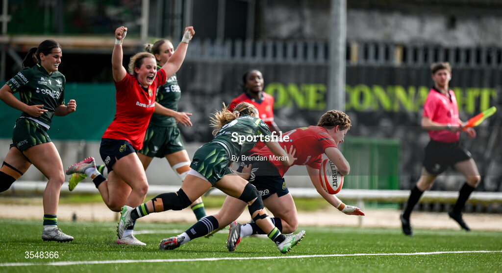 22 August 2026; Caitríona Finn of Munster scores her side's third try during the Vodafone Womens Interprovincial Championship Round 3 match between Connacht and Munster at Dexcom Stadium in Galway. Photo by Brendan Moran/Sportsfile