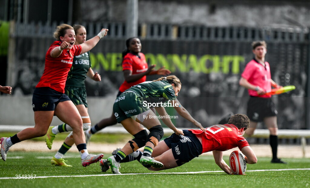 22 August 2026; Caitríona Finn of Munster scores her side's third try during the Vodafone Womens Interprovincial Championship Round 3 match between Connacht and Munster at Dexcom Stadium in Galway. Photo by Brendan Moran/Sportsfile