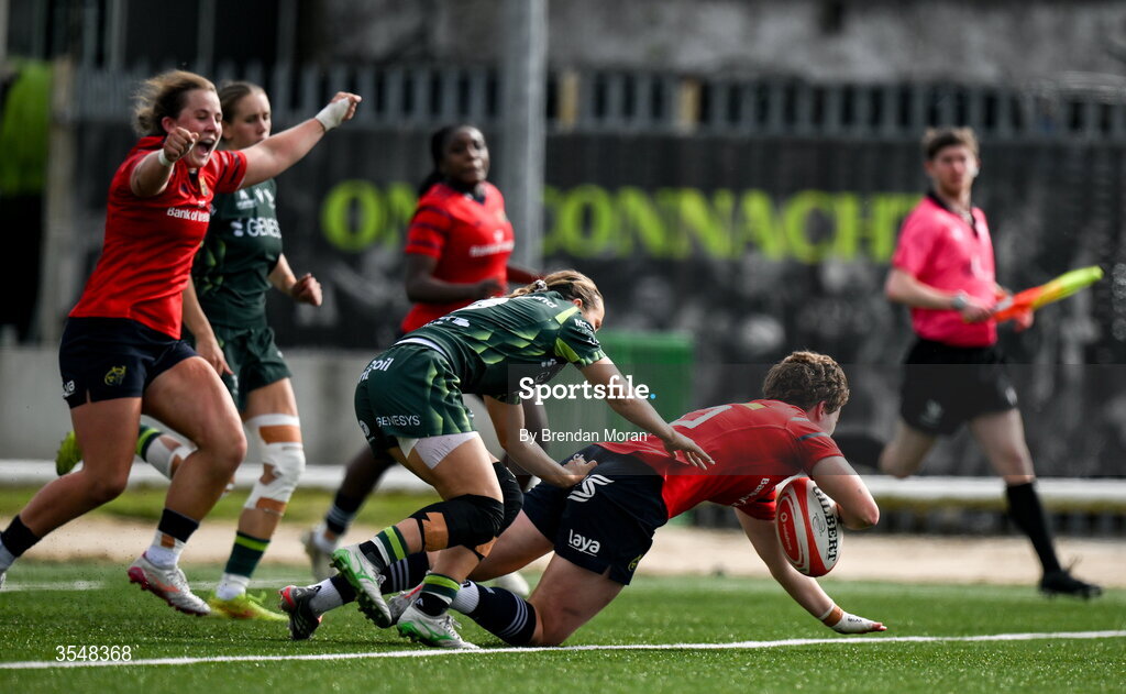 22 August 2026; Caitríona Finn of Munster scores her side's third try during the Vodafone Womens Interprovincial Championship Round 3 match between Connacht and Munster at Dexcom Stadium in Galway. Photo by Brendan Moran/Sportsfile