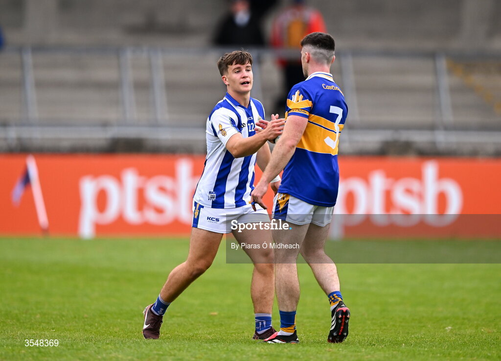 22 August 2026; Paddy Curry of Ballyboden St Enda's and Tom Quinn of Castleknock shake hands after the PTSB Dublin Senior Club Football Championships Round 2 match between Ballyboden St Enda's and Castleknock at Parnell Park in Dublin. Photo by Piaras Ó Mídheach/Sportsfile
