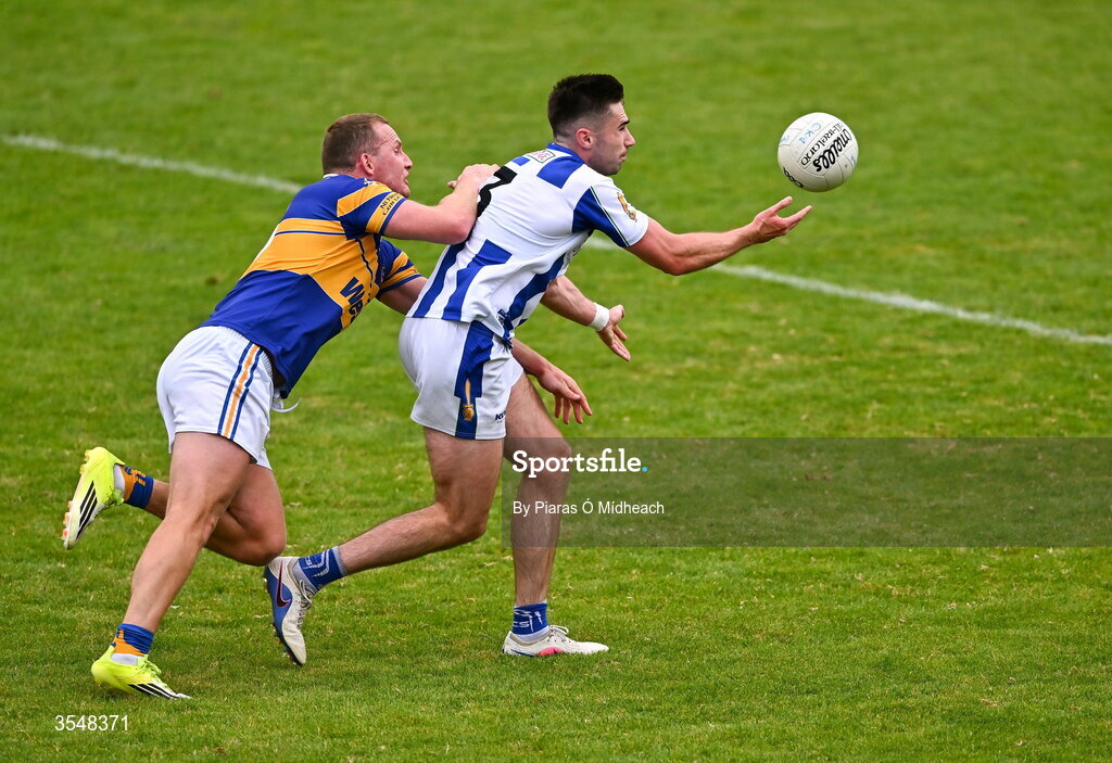 22 August 2026; Harry Donaghy of Ballyboden St Enda's in action against Ciarán Kilkenny of Castleknock during the PTSB Dublin Senior Club Football Championships Round 2 match between Ballyboden St Enda's and Castleknock at Parnell Park in Dublin. Photo by Piaras Ó Mídheach/Sportsfile