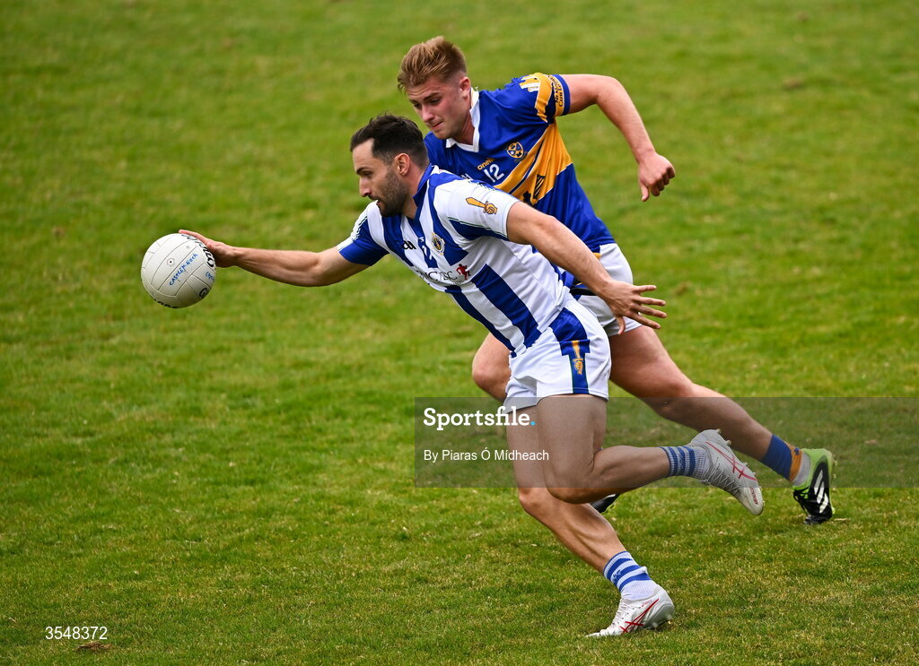 22 August 2026; Warren Egan of Ballyboden St Enda's in action against Dylan Clarke of Castleknock during the PTSB Dublin Senior Club Football Championships Round 2 match between Ballyboden St Enda's and Castleknock at Parnell Park in Dublin. Photo by Piaras Ó Mídheach/Sportsfile